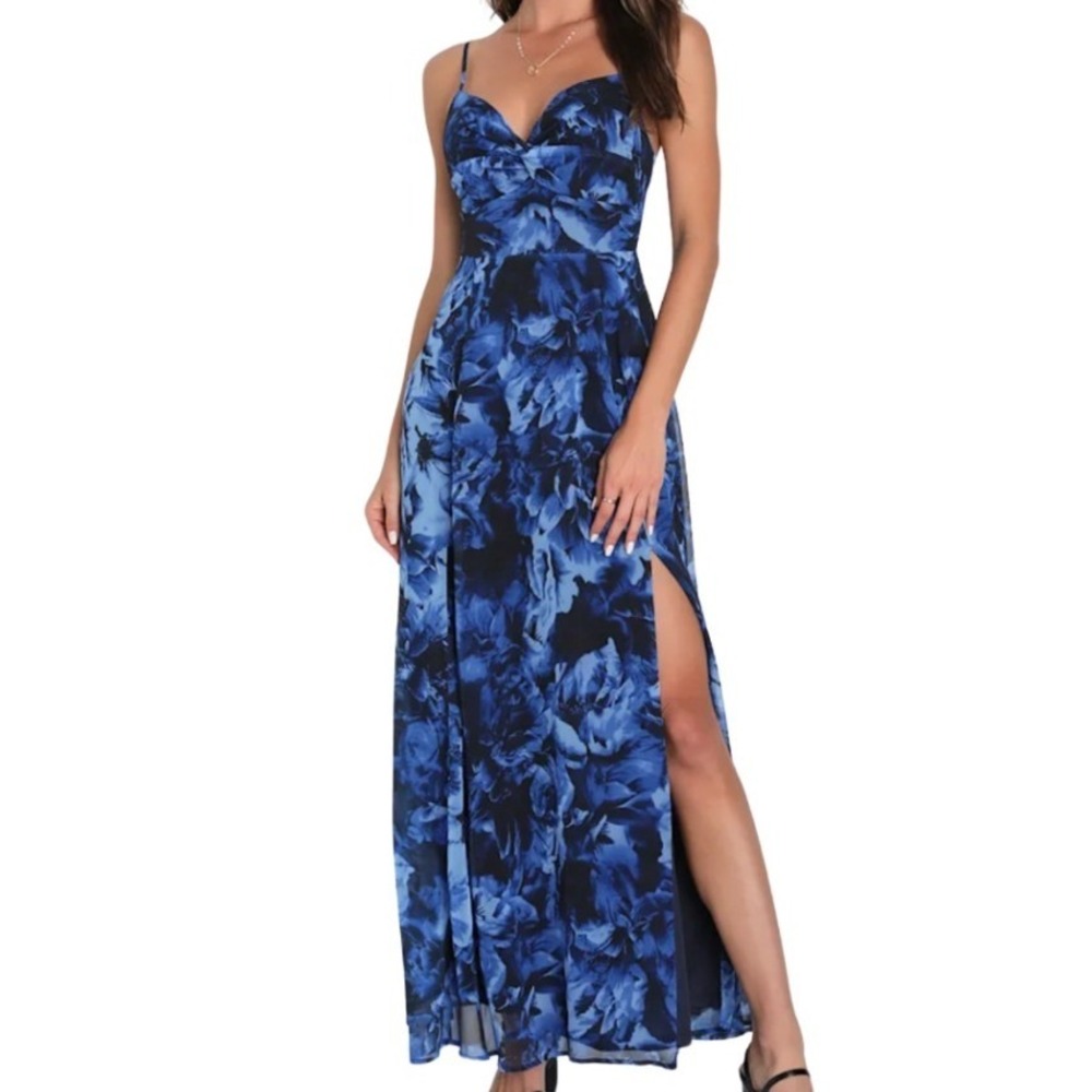 Lulus Blue Floral Print Twist-Front Maxi Dress Sweetheart Neckline Side Slit‎ M